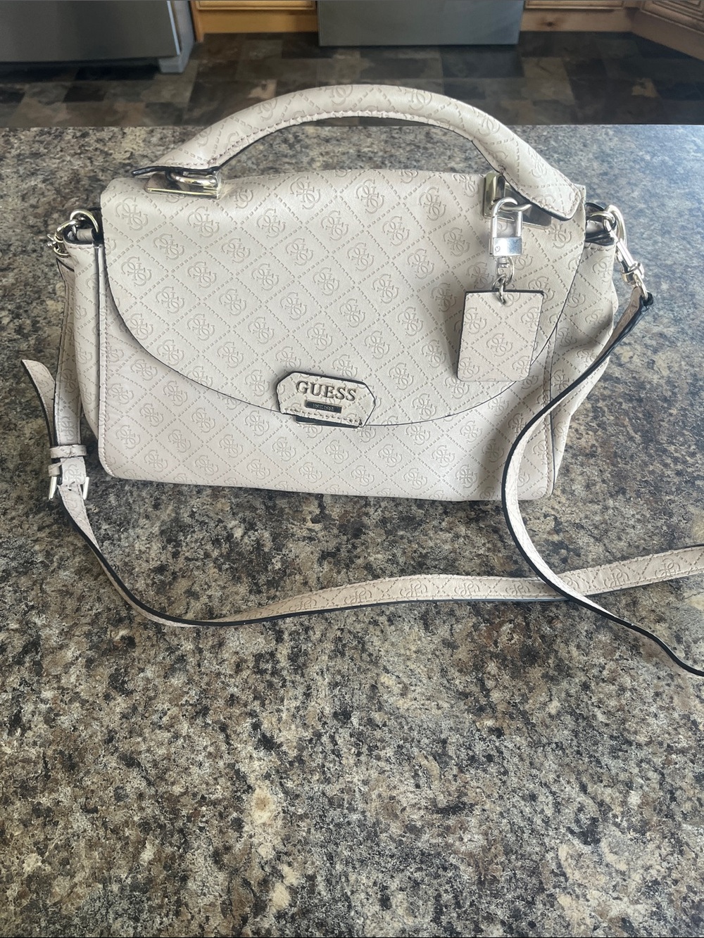 GUESS Ivory Monogram Satchel with Detachable Strap